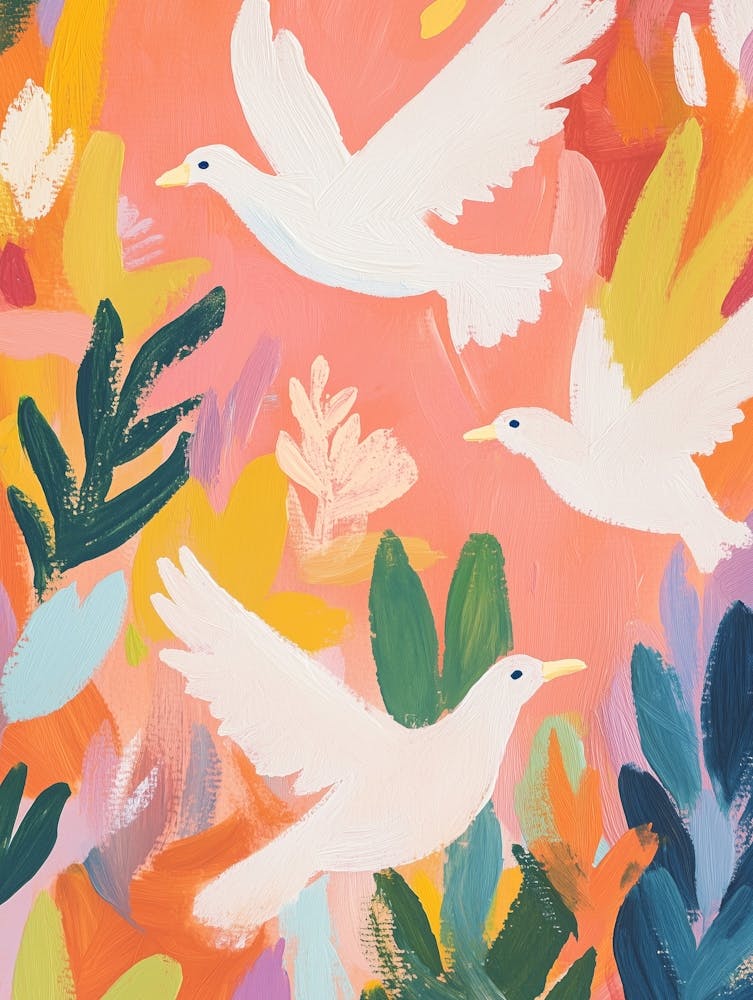 White Doves Gouache Painting