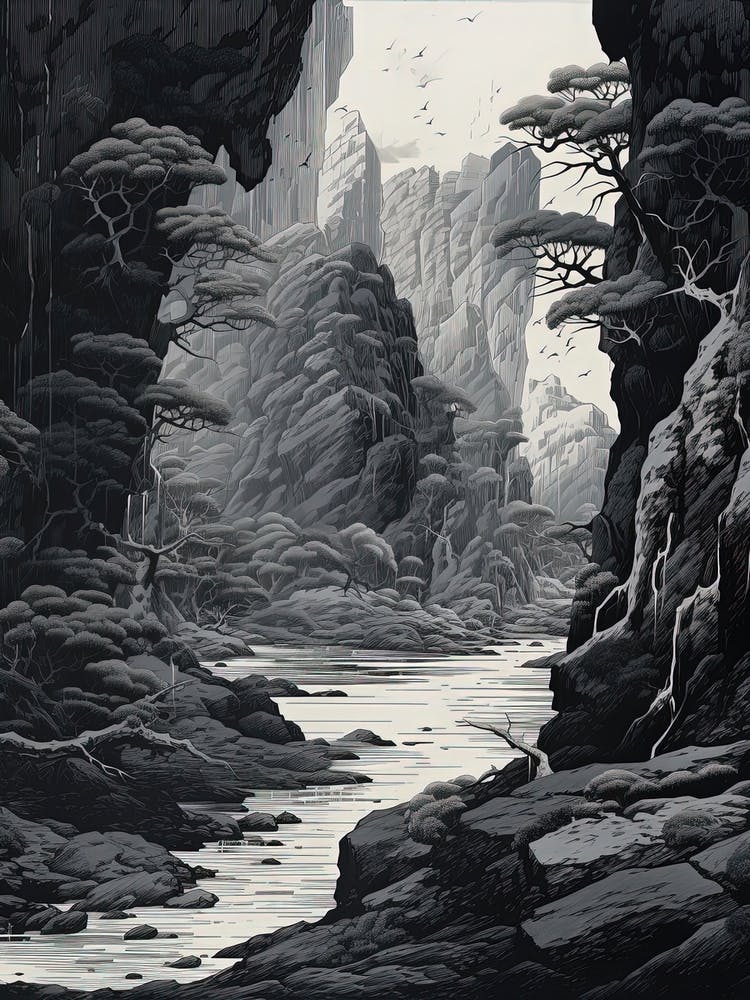 Amanohashidate In Kyoto, Ukiyo E Black And White Line Art Drawing 9