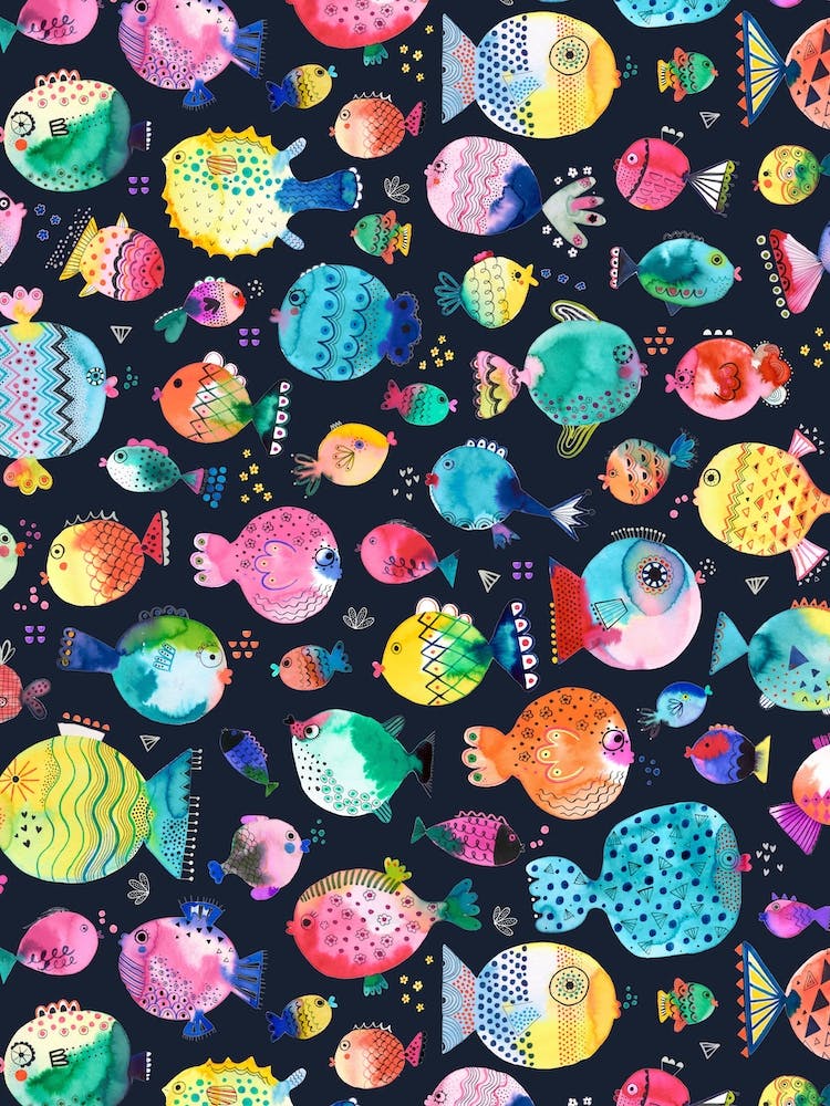 Cute Puffer Fishes Watercolor Navy