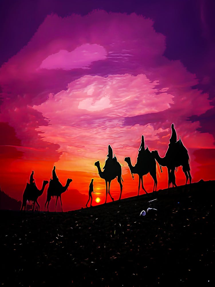 Desert Camel Train At Sunset