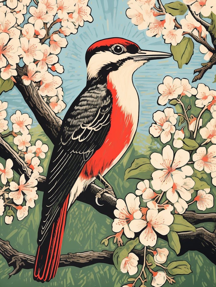 Vintage Bird Linocut Woodpecker 2