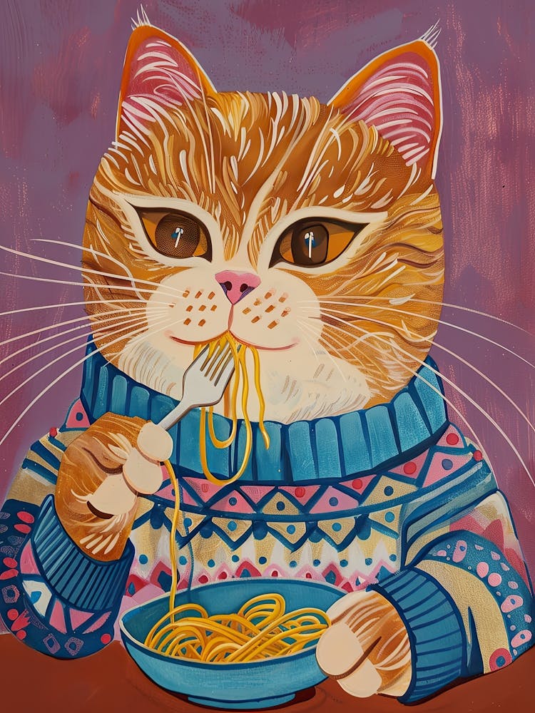 Brown White Cat Eating Pasta Folk Illustration 1