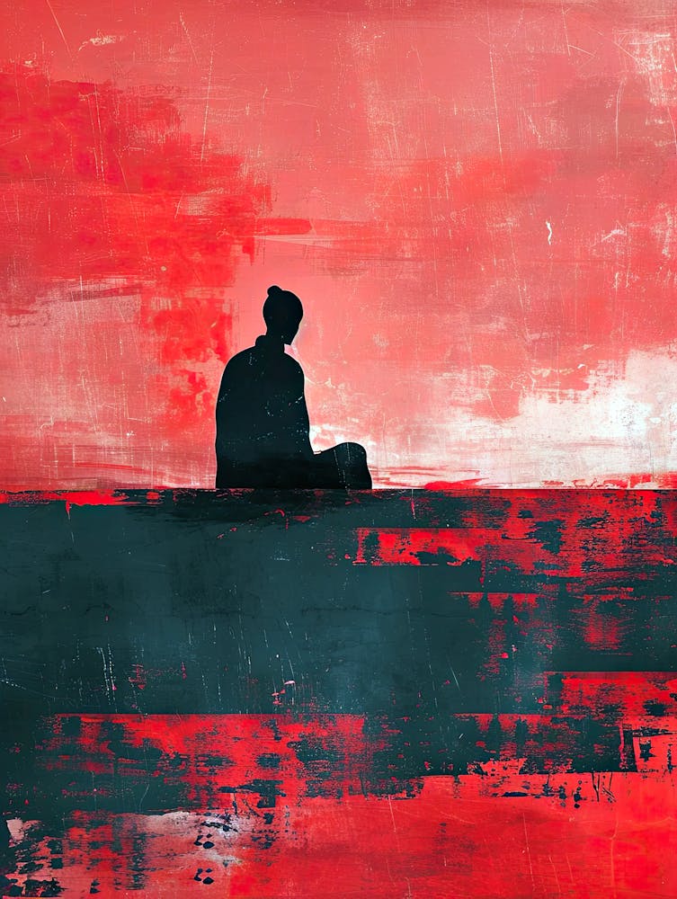 Person Sitting On A Rock, Red Minimalism