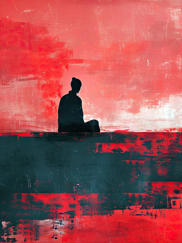 Person Sitting On A Rock, Red Minimalism