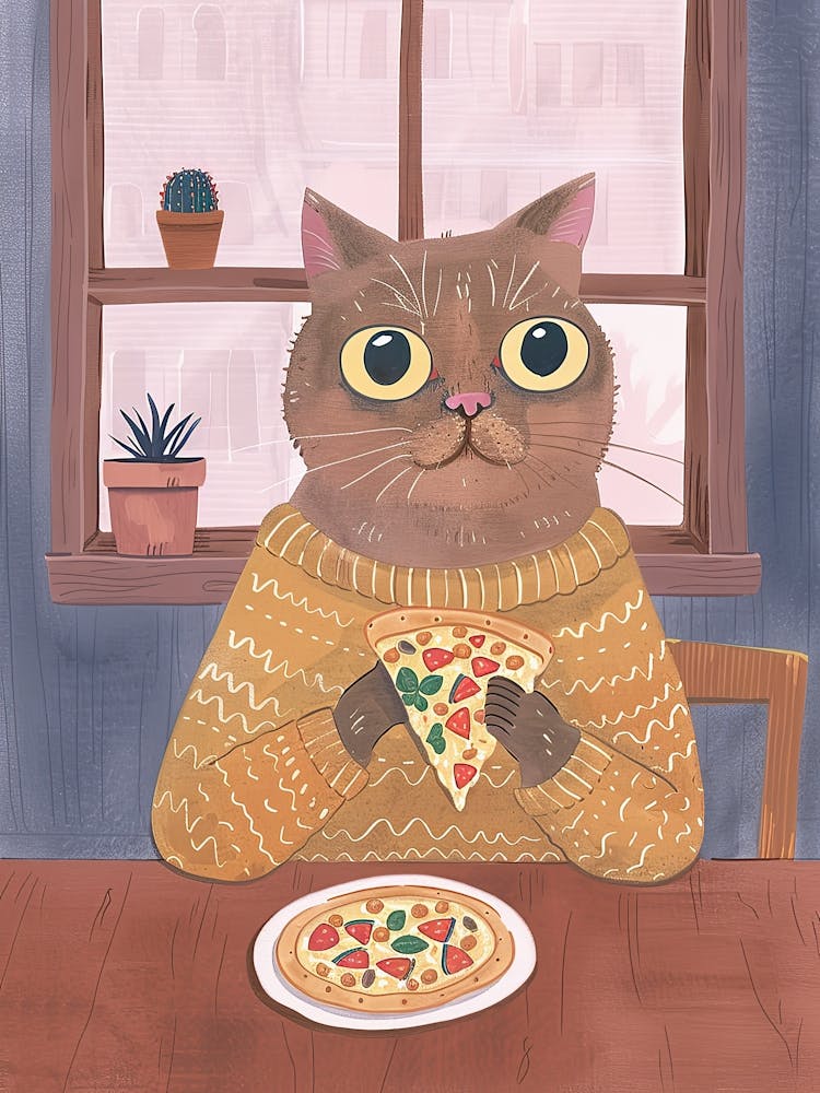 Brown Cat Pizza Lover Folk Illustration 3