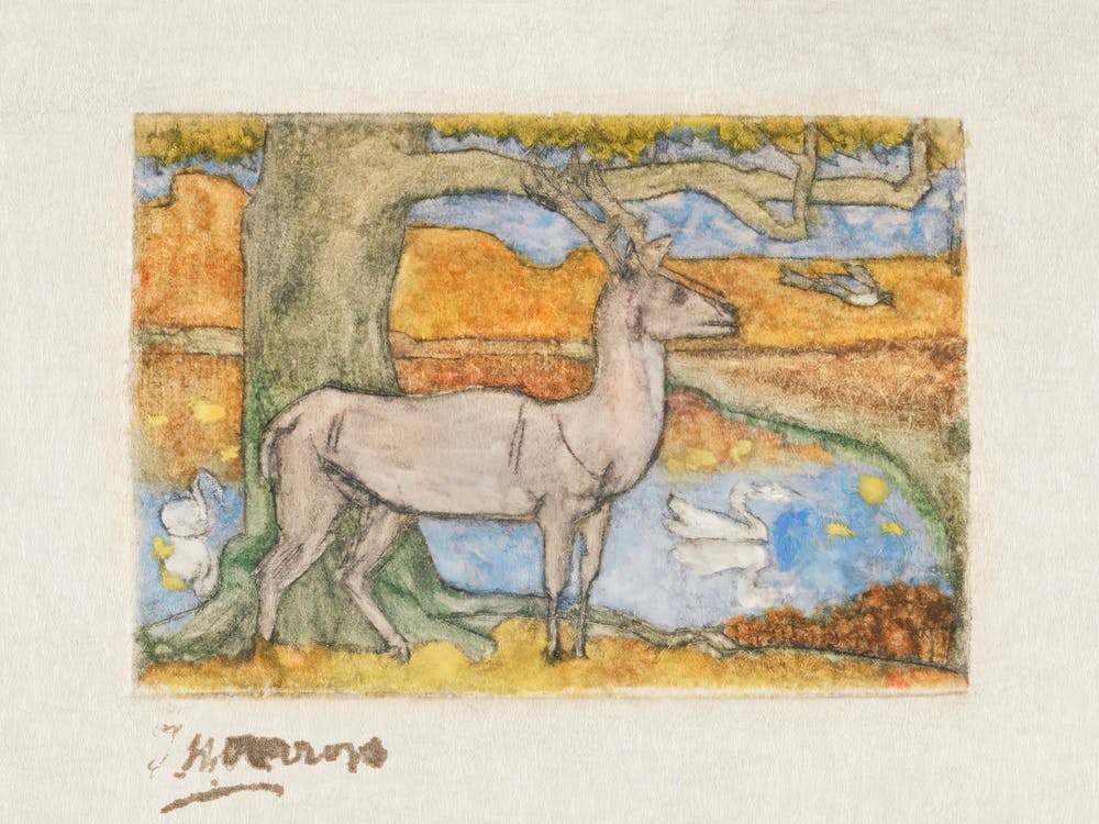 Hirsch in der Nähe eines Baumes vor einem Teich (1895), Jan Toorop