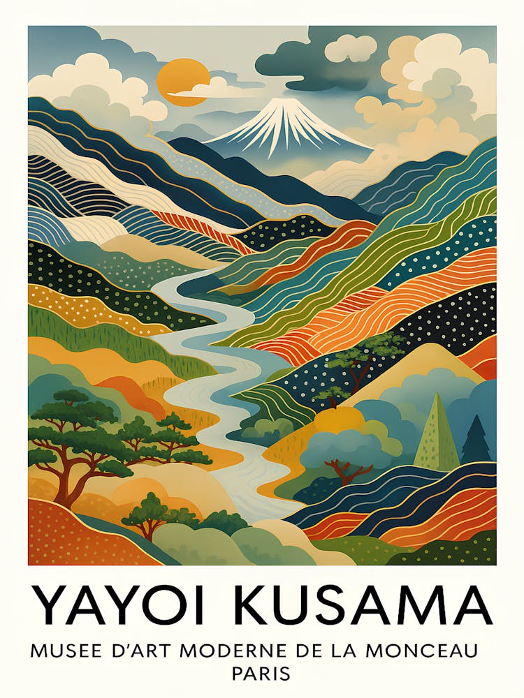 Yayoi Kusama Mount Fuji Print, Japanese Mountain Landscape Poster, Colourful Modern Art For Living Room