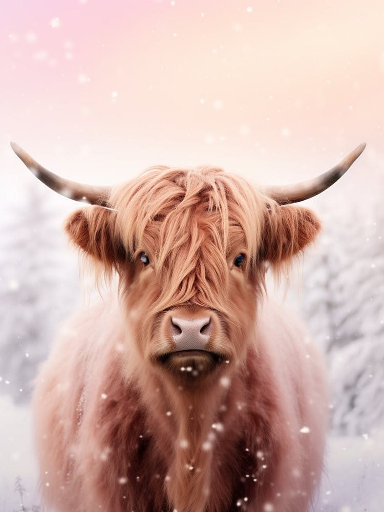 Highland Cow In The Snow Pink Filter Portrait 2
