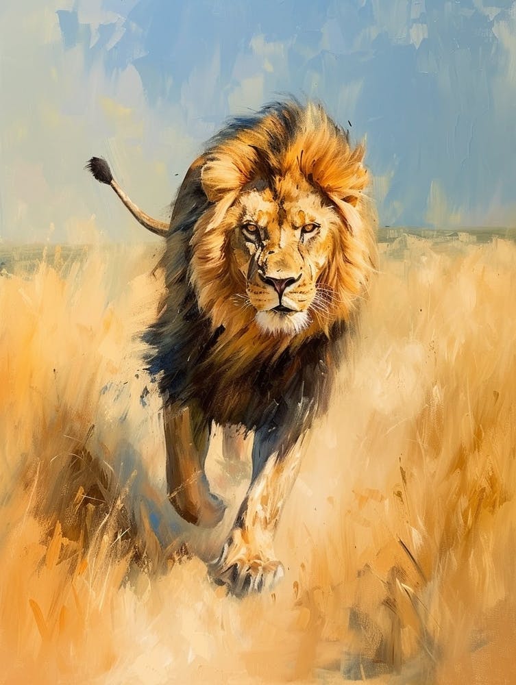 African Lion Hunting Acrylic Painting 3