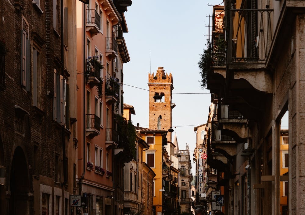 Church Steeple In A Copper Street Verona, Italy Colour Travel Street Photography