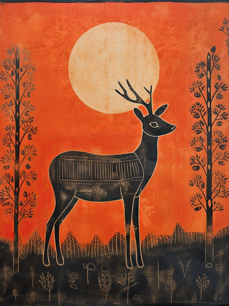 Deer, Woodblock Animal  Drawing 4