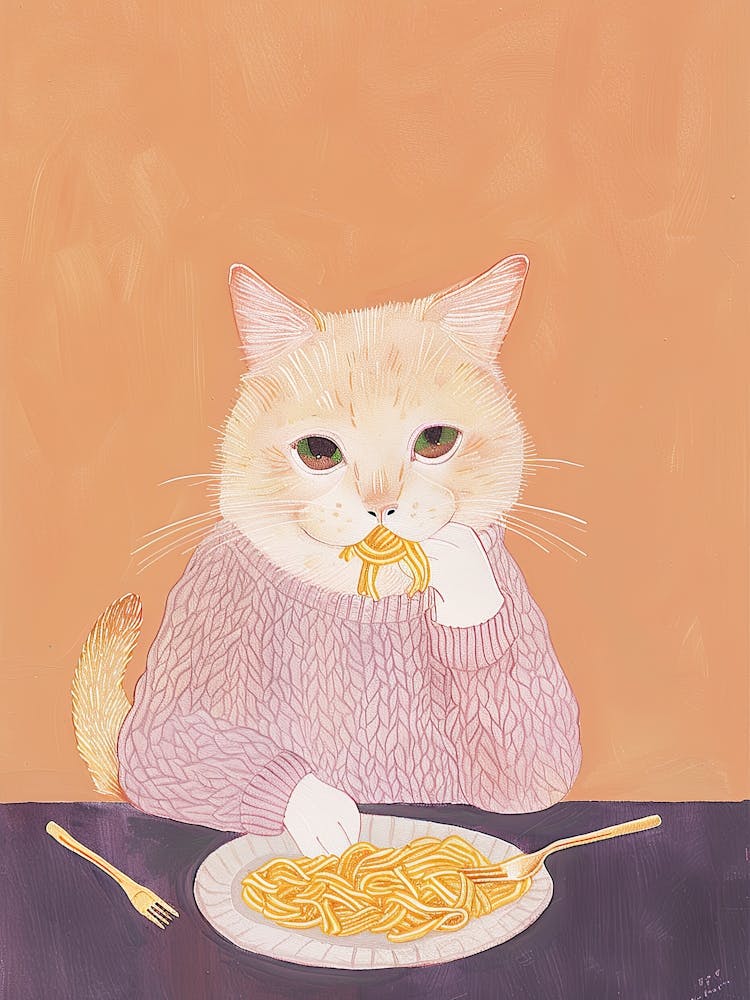 Tan Cat Pasta Lover Folk Illustration 4