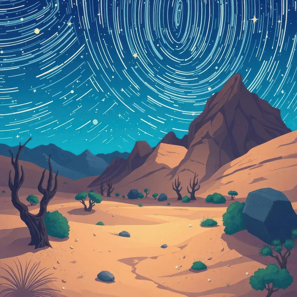 Desert Landscape With Star Trails