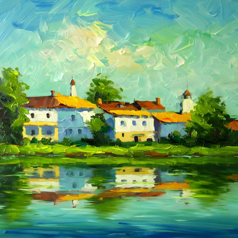 Village By The River, Impressionist Water Reflection - Colorful Landscape