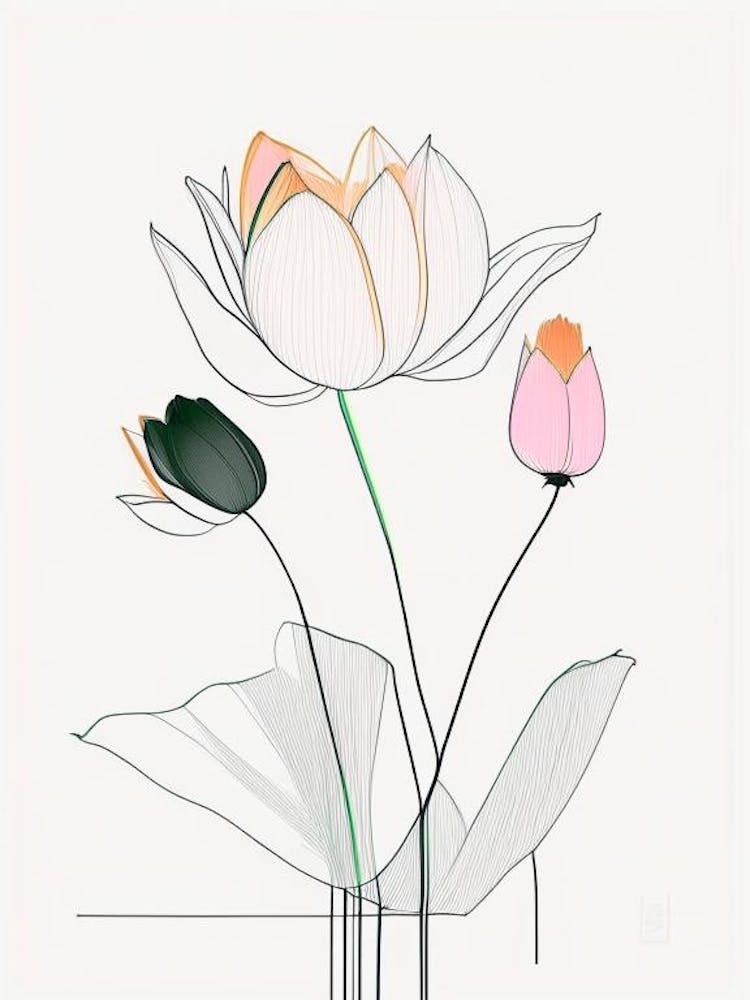 Lotus Flower Bouquet Minimal Line Drawing 2