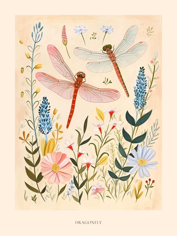 Folksy Floral Animal Drawing Dragonfly 2 Poster