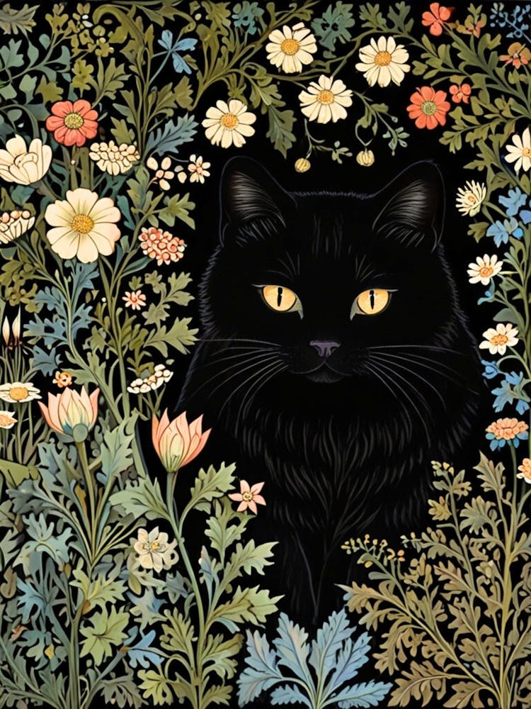 William Morris Black Cat In Flowers 2