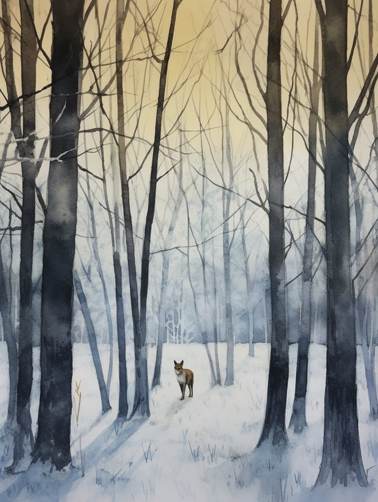 Winter Watercolour Coyote 1