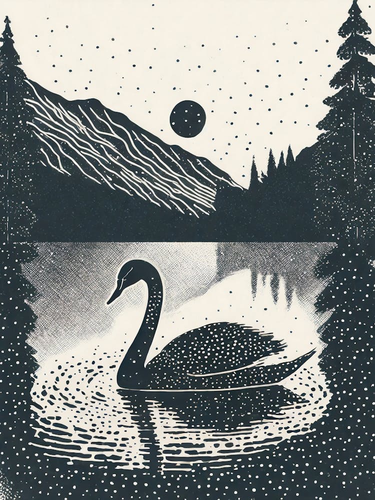 Swan Floating On A Misty Lake dotwork
