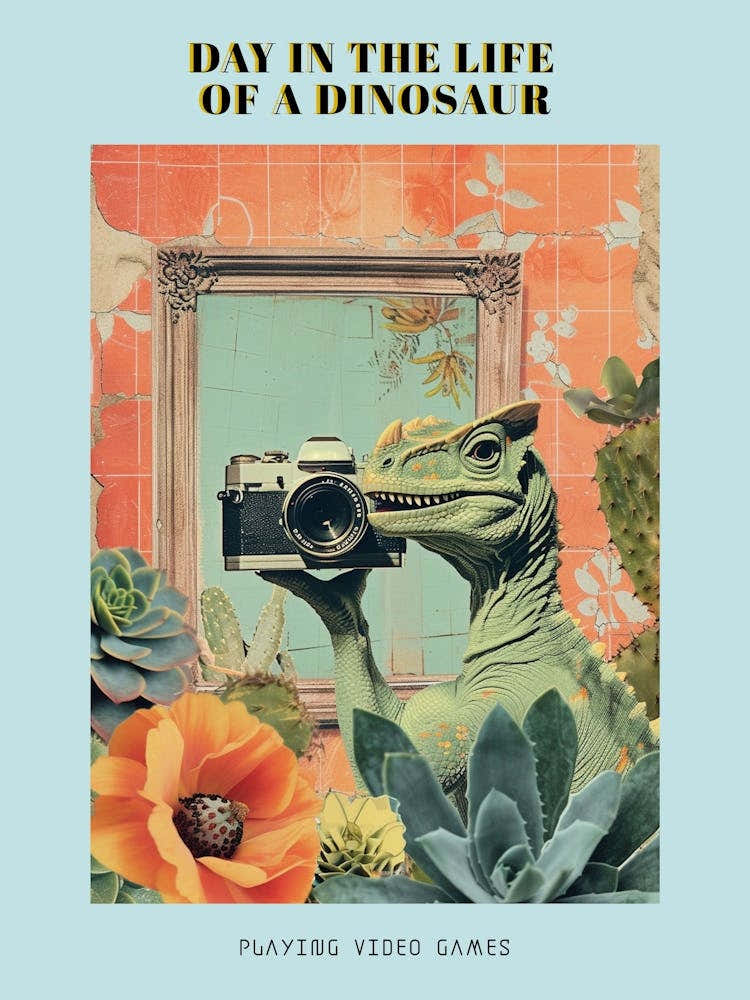 Retro Collage Dinosaur Taking A Photo On An Analogue Camera 1 Poster