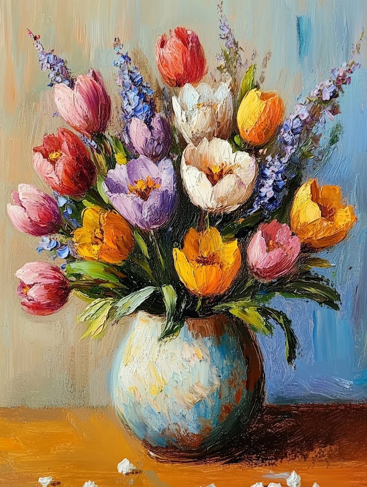 Oil Painting Of Spring Flowers In A Vase On Canvas
