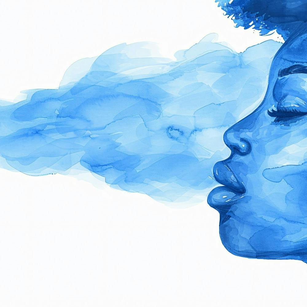 Blue Watercolor Girl Blowing Smoke