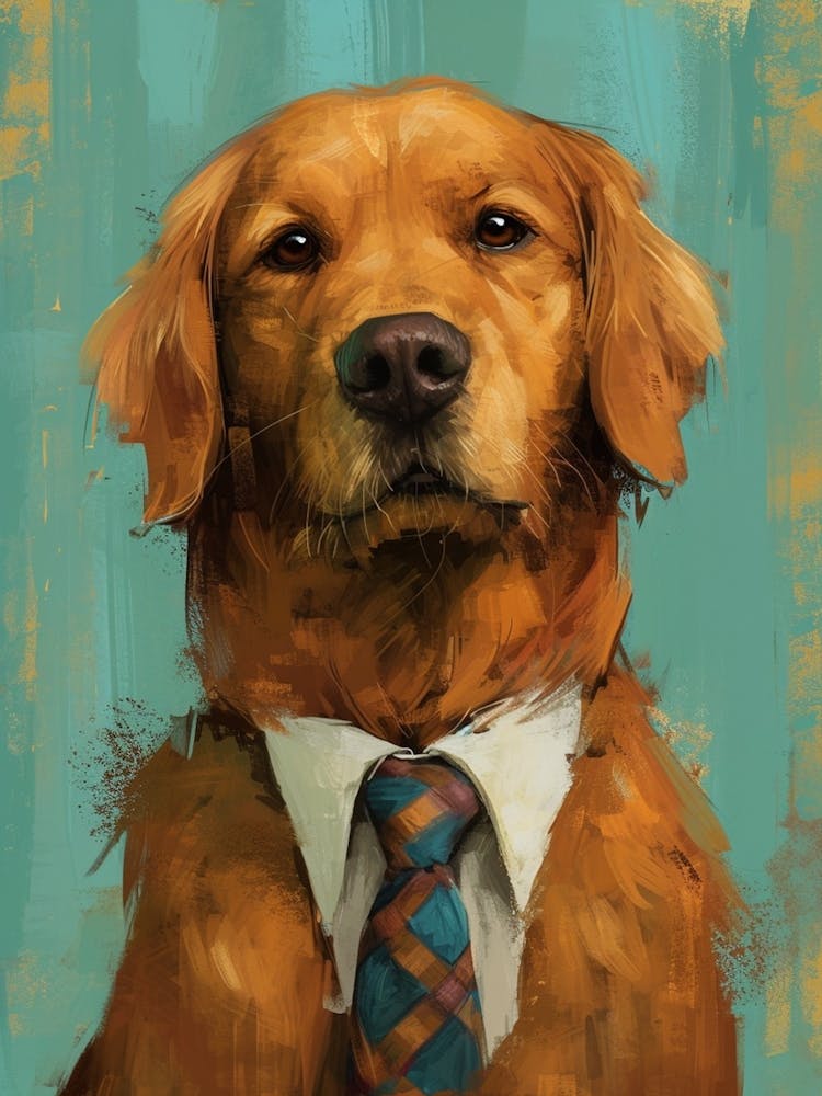 Phoebefy Kitsch Portrait Of A Golden Retriever In A Tie Cute