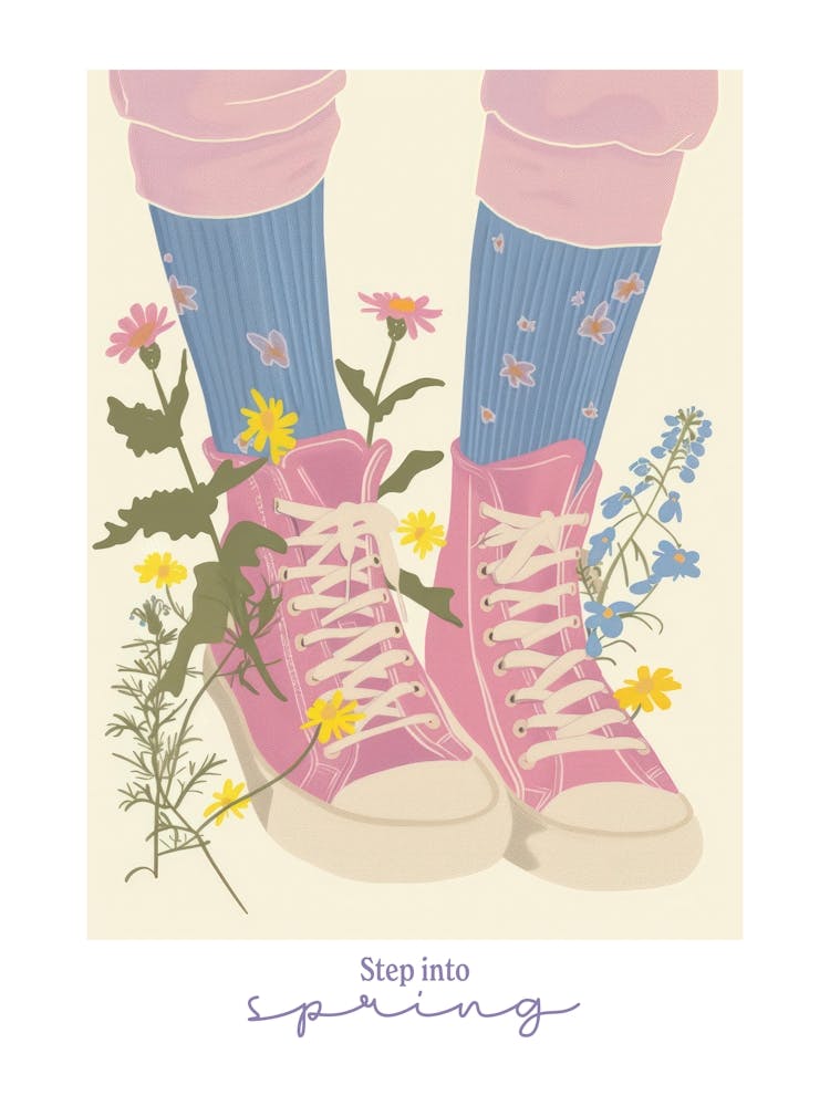 Tritt ein in den Frühling Illustration Pinke Turnschuhe Und Blumen 5