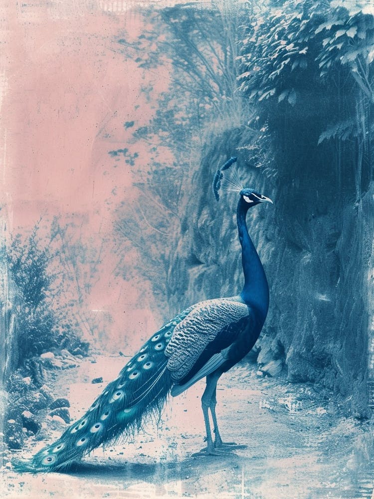 Peacock In The Wild Blue Cyanotype 3