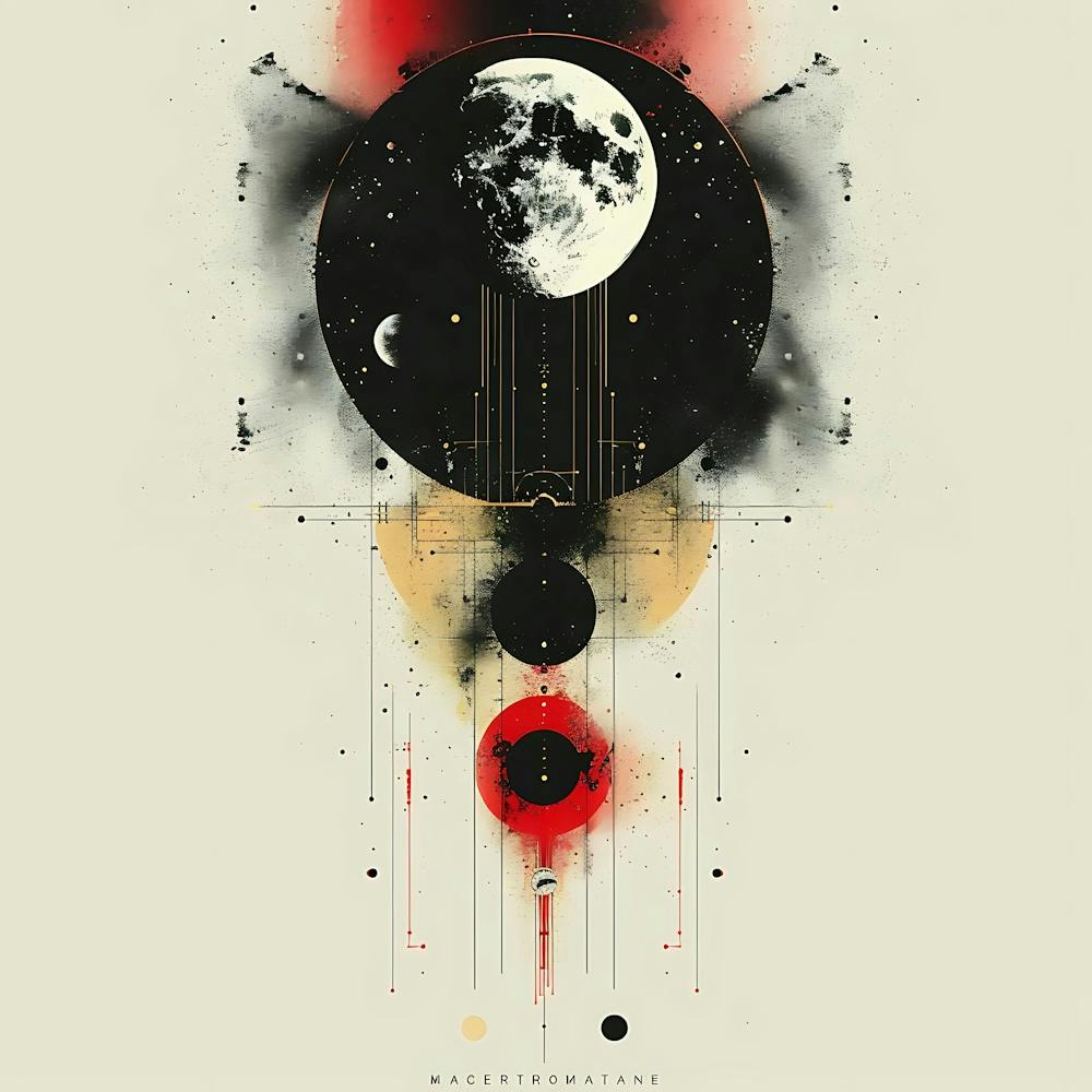 Abstract Cosmic Art With Moon Planets Stars And Geometric Shapes In Red Black And Gold