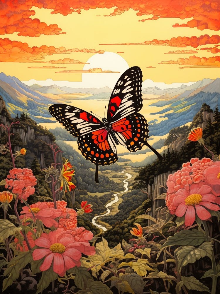 Butterfly With Mountaneous Landscape Japanese Style Painting 1