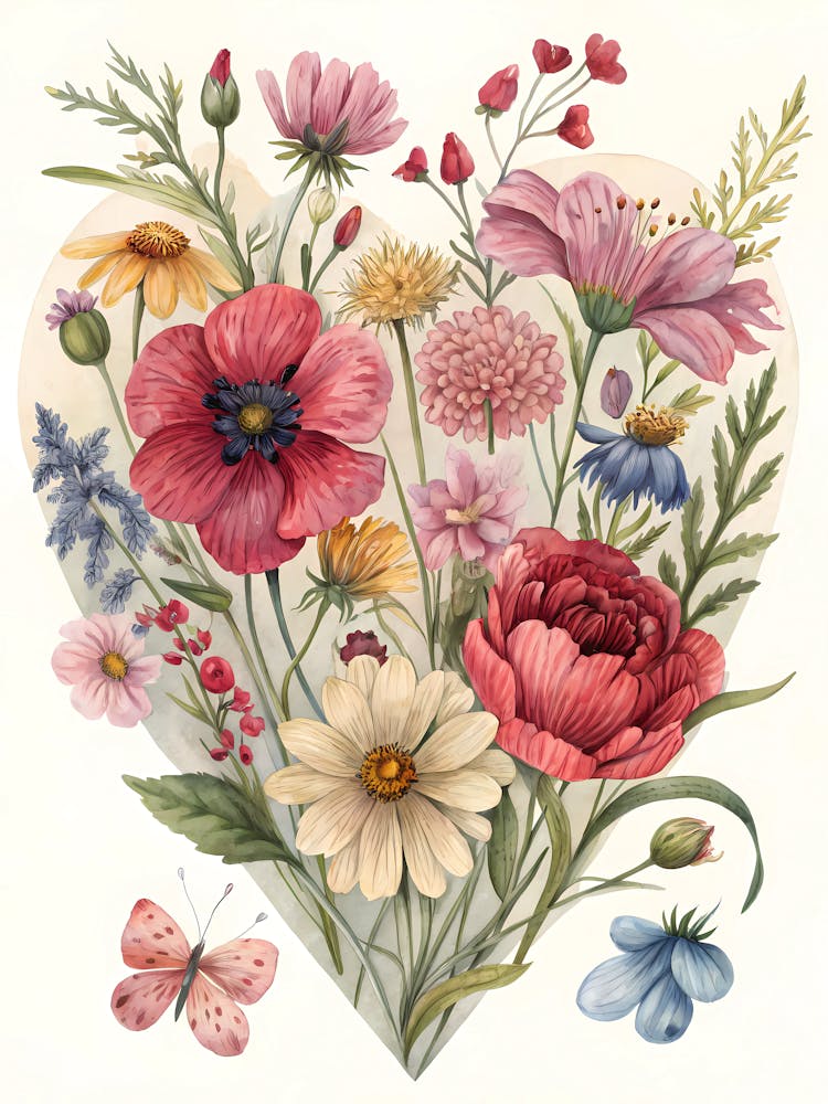 Oil Painting Style Vintage Pressed Flower Heart Botanical Wildflower Art