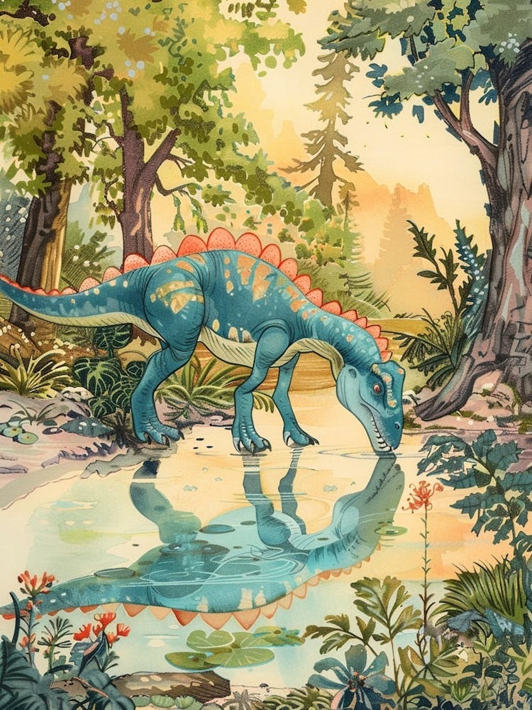 Dinosaur Drinking From A Watering Hole Watercolour Illustration 1