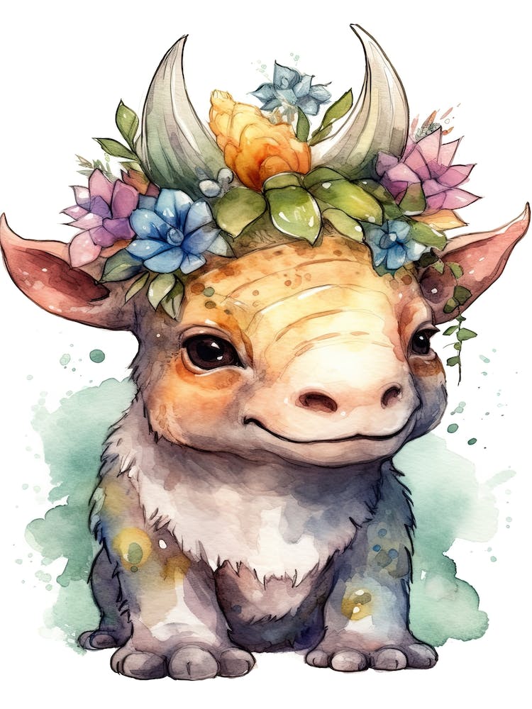 Triceratops With A Crown Of Flowers Cute Dinosaur Watercolour 2