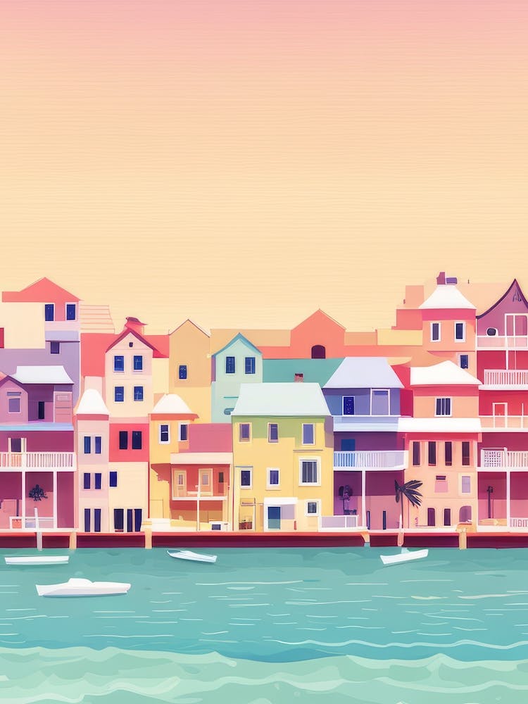 Seaside Oil Paints Marina Townhouses Blue Sea Pastel Muted Pinks Peach Sky