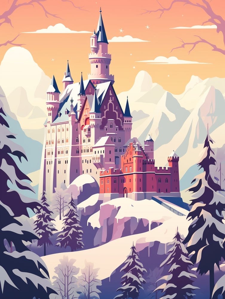 Vintage Winter Travel Illustration Schloss Neuschwanstein Germany 7