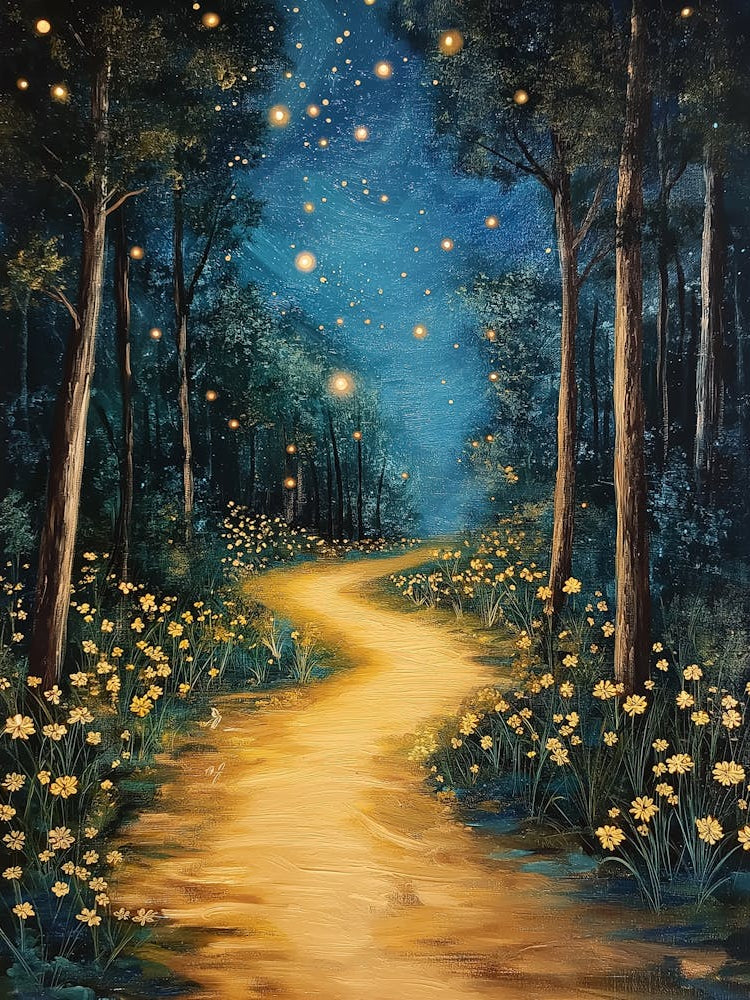 A Starry Night Forest Path Illuminated By Fireflies With Yellow Flowers And Tall Trees