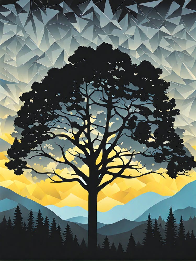 Tree In The Mountains, geometric vector art, Forest, sunset,   Forest bathed in the warm glow of the setting sun, forest sunset illustration, forest at sunset, sunset forest vector art, sunset, forest painting,dark forest, landscape painting, nature vecto