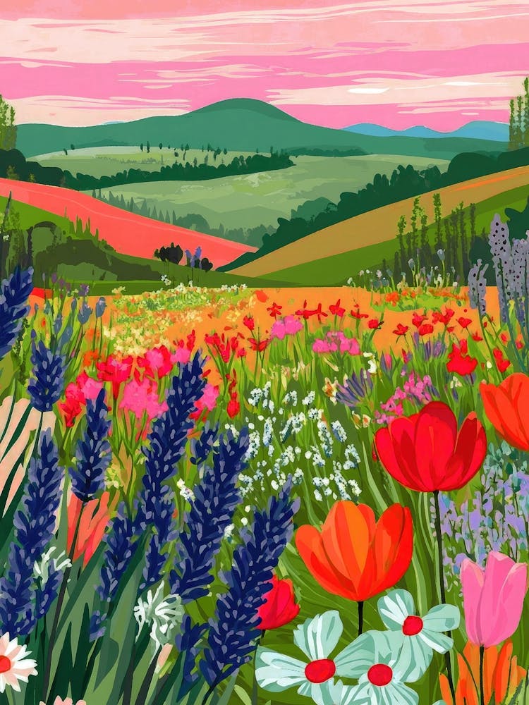 English meadow with wildflowers painting in scarlet, lavender, fresh green in the style of storybook – floral art whimsical botanical print perfect for cottagecore nursery, cottage kitchen, or garden themed room decor