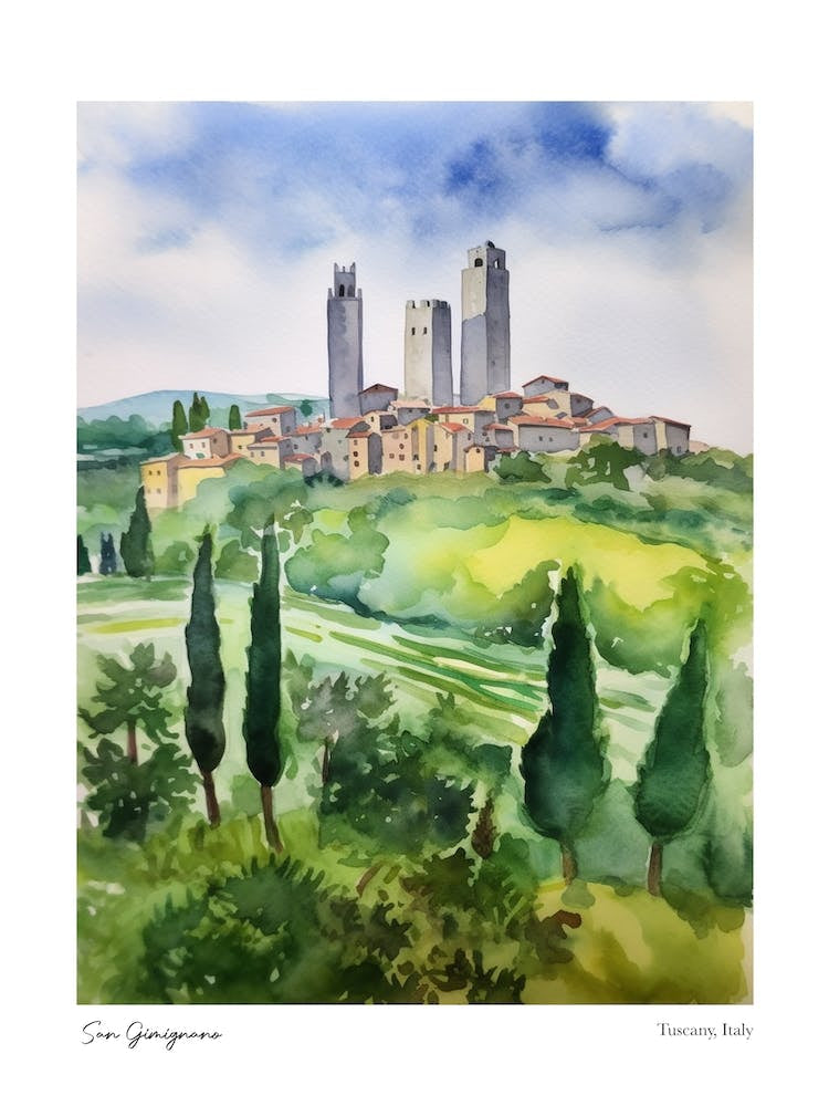 San Gimignano, Tuscany, Italy 1 Watercolour Travel Poster