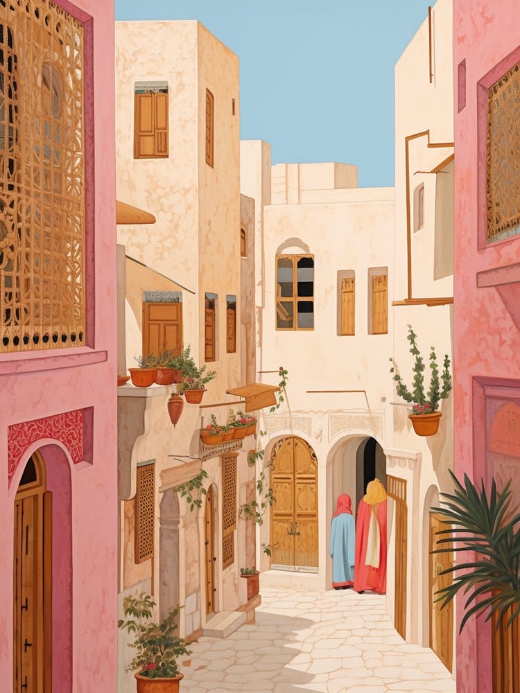 Sousse Tunisia 2 Vintage Pink Travel Illustration