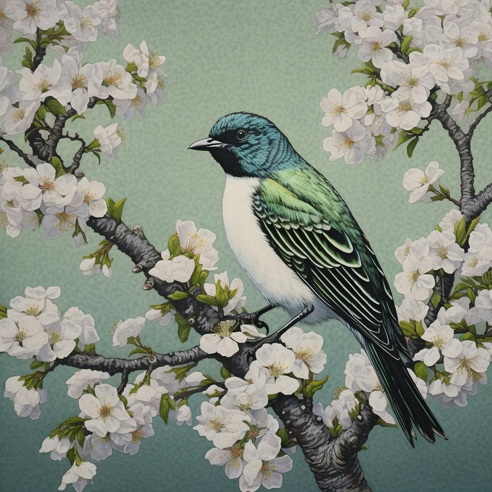 Ohara Koson Inspired Bird Painting Eastern Bluebird 3 Square