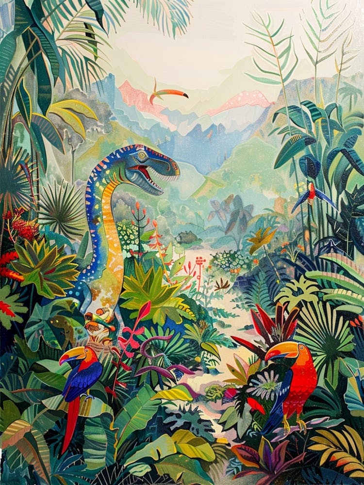 Dinosaur With Wild Birds Colourful