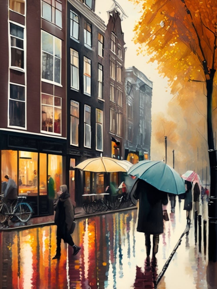 Amsterdam cafes, autumn, autumn oil colours, pastel colours, pedestrians in the street, winter clothes.8