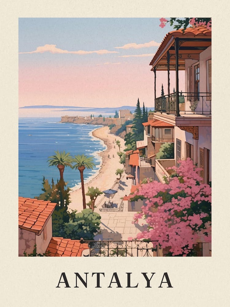 Antalya Turkey 4 Vintage Pink Travel Illustration Poster