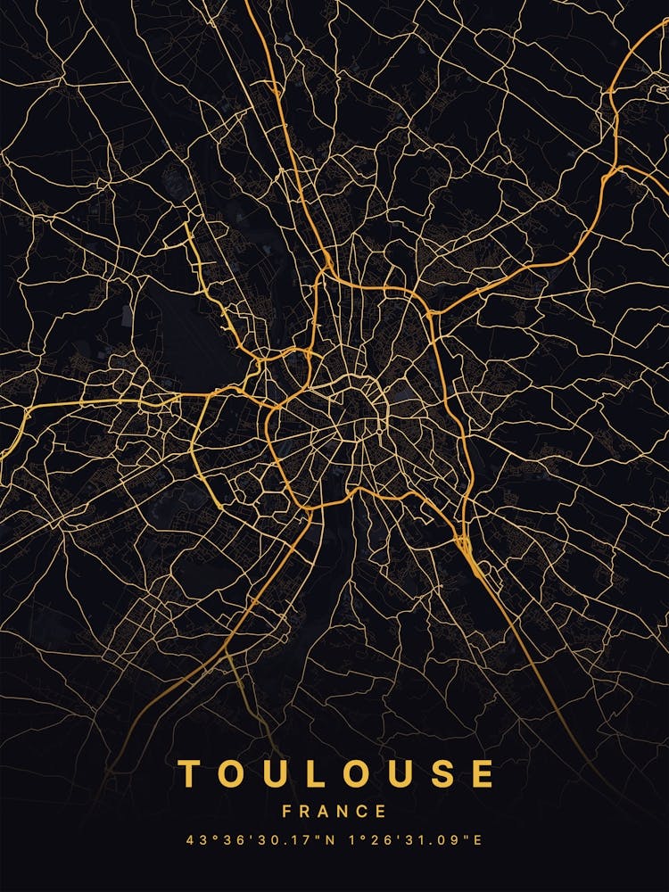 Toulouse France Black And Gold Map