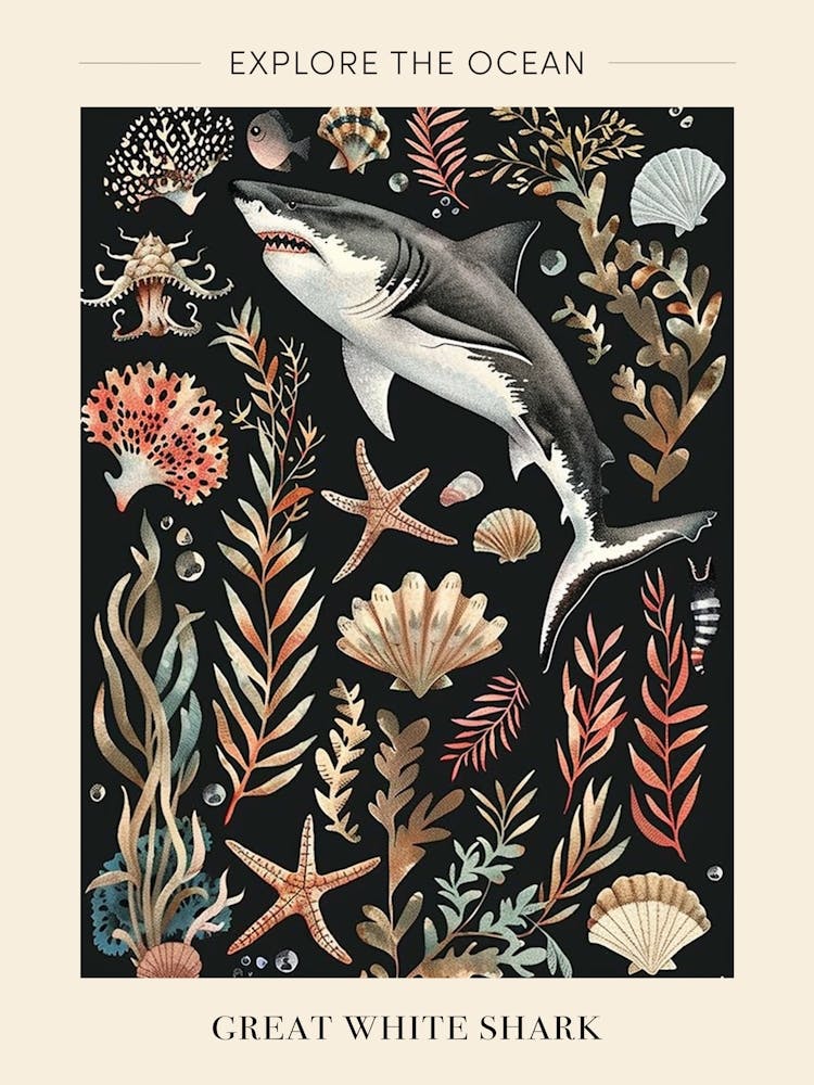 Grand Requin Blanc - Illustration Fond Noir 2 - Affiche