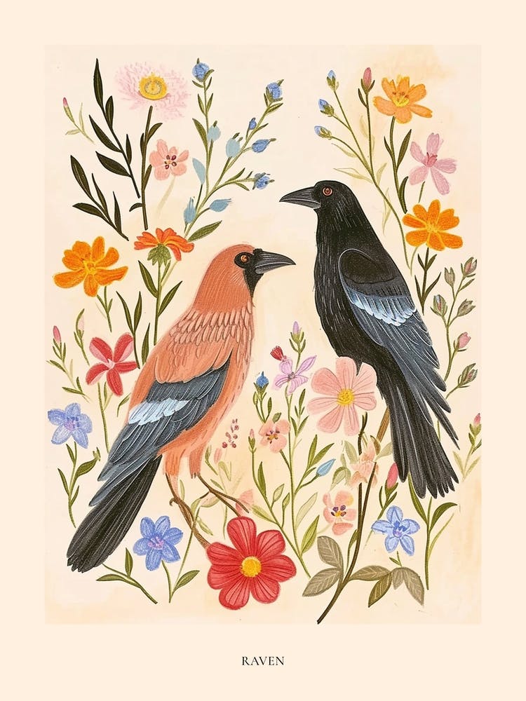 Folksy Floral Animal Drawing Raven 8 Poster