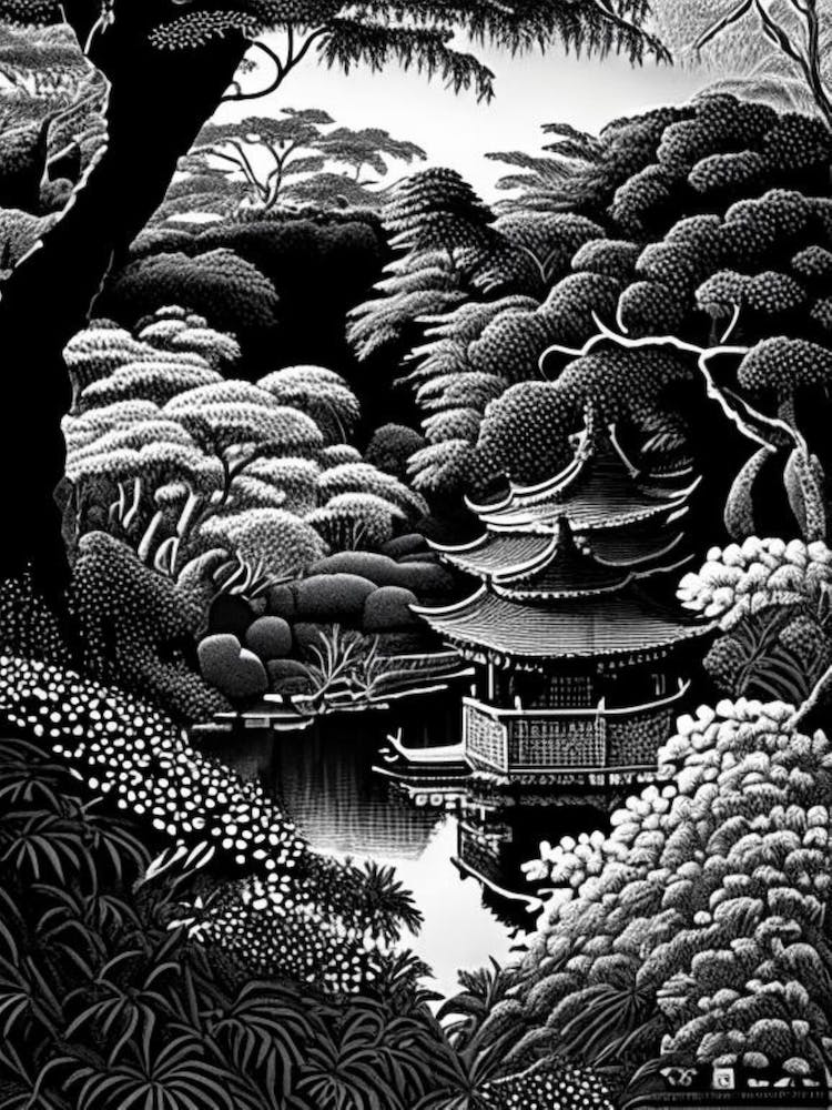Rikugien Gardens, Japan Linocut Black And White Vintage