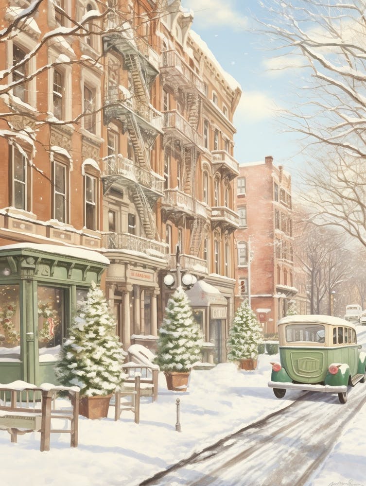 Vintage Winter Illustration New York City Usa 3